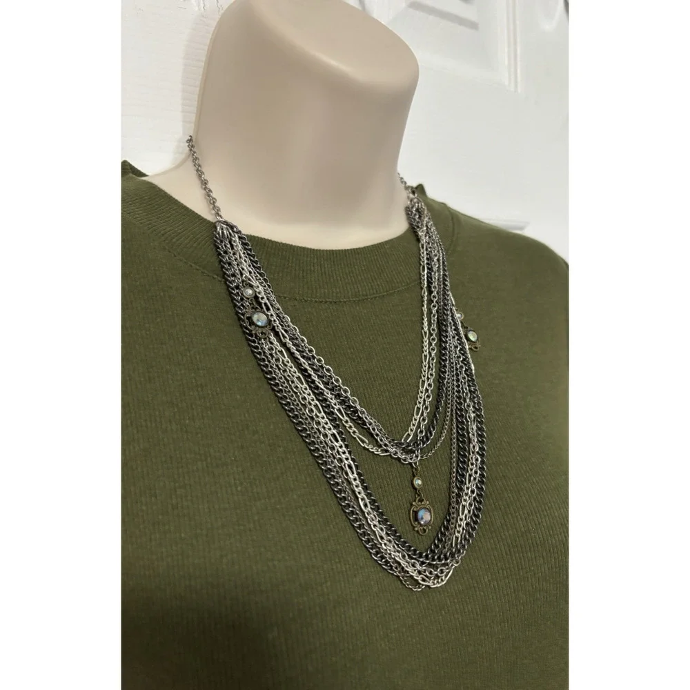 Multi Layered Silver Tone Chain Necklace Rhinestone Whimsigoth Fairy Goth Witchy